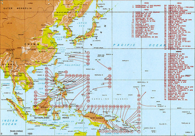 Направления высадки войск союзников с августа 1942 по август 1945